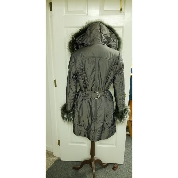 New Fur Trimmed Green Quilted Convertible Jacket Real Finland Racoon Rabbit Vest - Picture 5 of 16